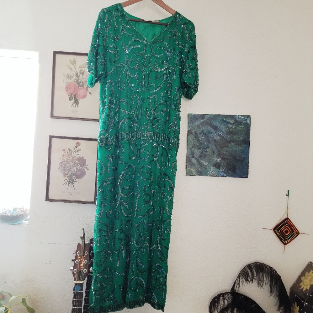 Emerald green sequined silk dress